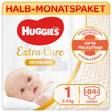 Novorozenecké plenky Huggies, velikost 1, 100 plen (2 x 50), půlměsíční krabice