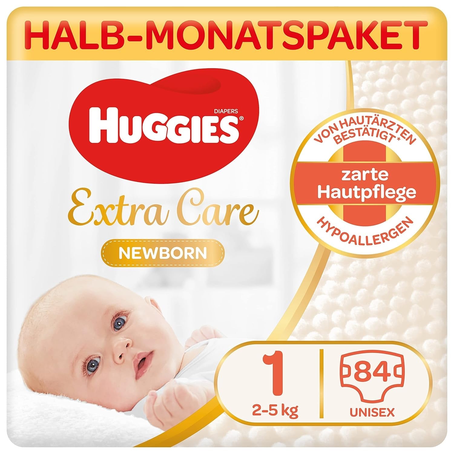Novorozenecké plenky Huggies, velikost 1, 100 plen (2 x 50), půlměsíční krabice
