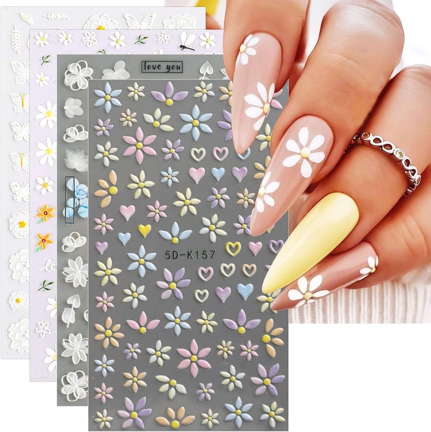 JMEOWIO 3D Nálepka na nehty Blume Frühlings Nálepka na nehty Selbstklebend Nagelaufkleber 5D Stereoskopisch Summer Bunter Blumen Dekoration Nageldesign Zubehör 4 Blatt