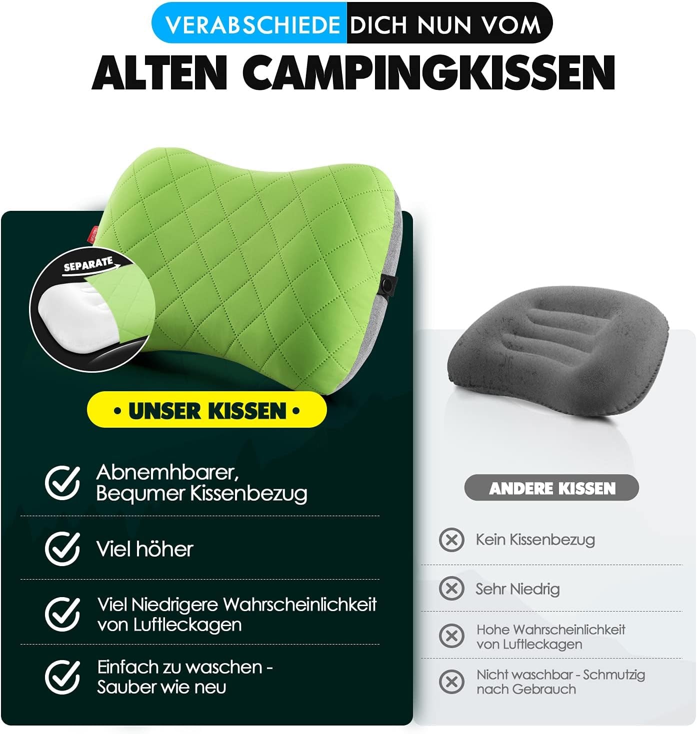 HIKENTURE nafukovací kempingový / cestovní polštář s odnímatelným potahem polštáře, ergonomický polštář, pohodlný polštář na krk pro cestování / outdoor, nafukovací cestovní polštář na krk (zelený) ... Krční ortopedické polštáře Naty Shop