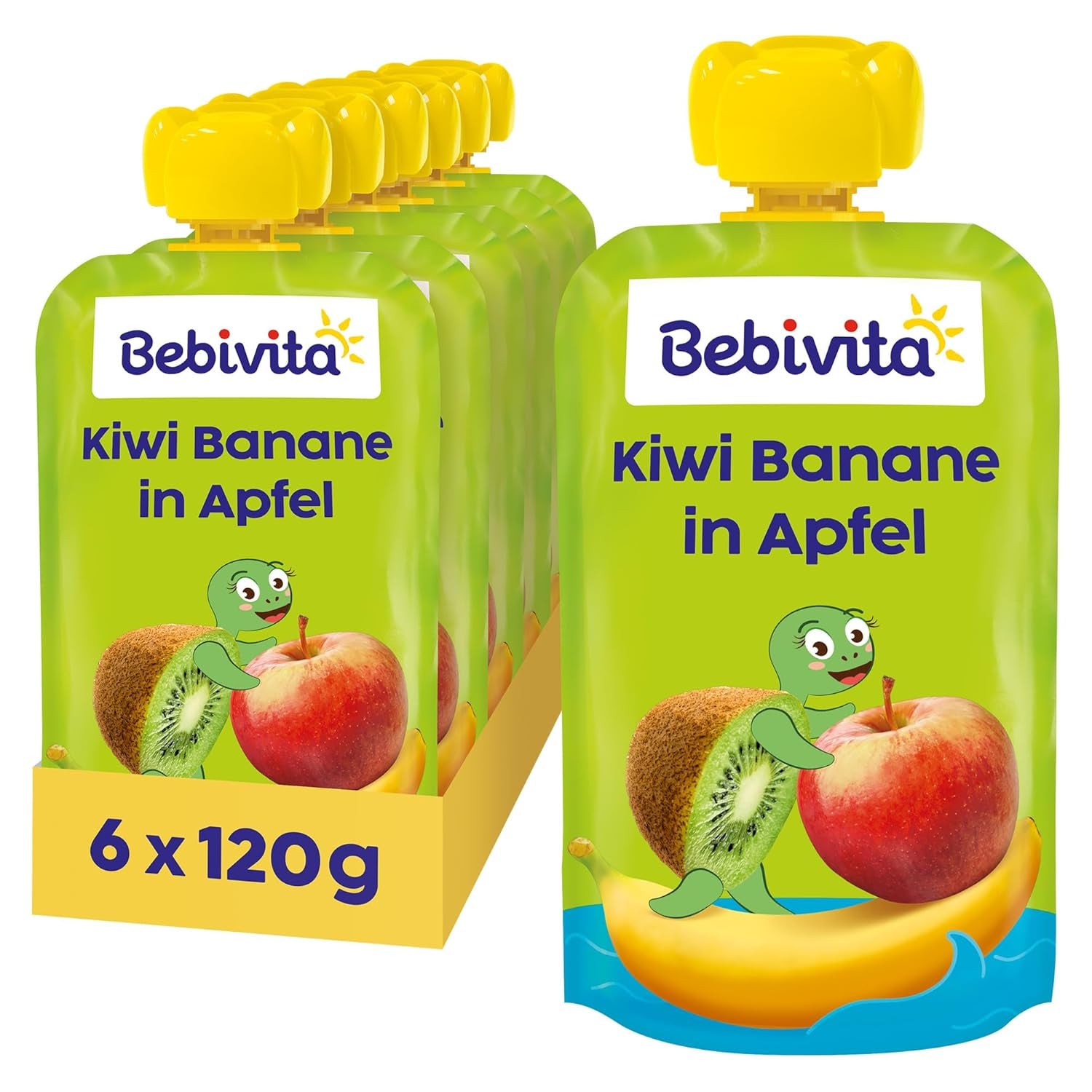 Kiwi Banány v jablečném quetschie (6 x 120 g), ohne Zuckerzusatz, glutenfrei, ideální pro svačinu a vlastní svačinu