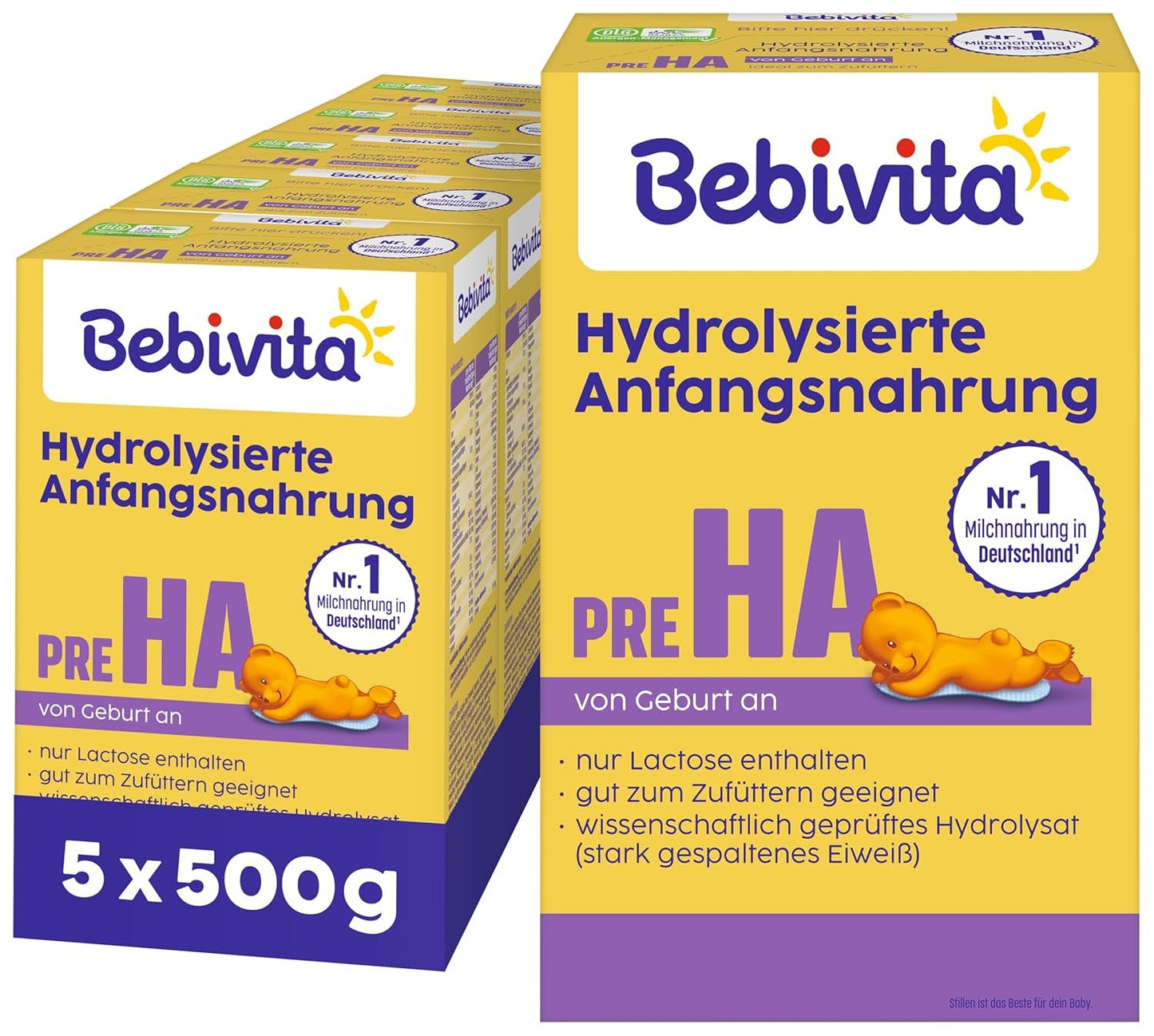 PRE HA (5 x 500 g), hydrolyzované sušené mléko od narození, obsahuje pouze laktózu jako sacharid, vhodné pro přikrmování