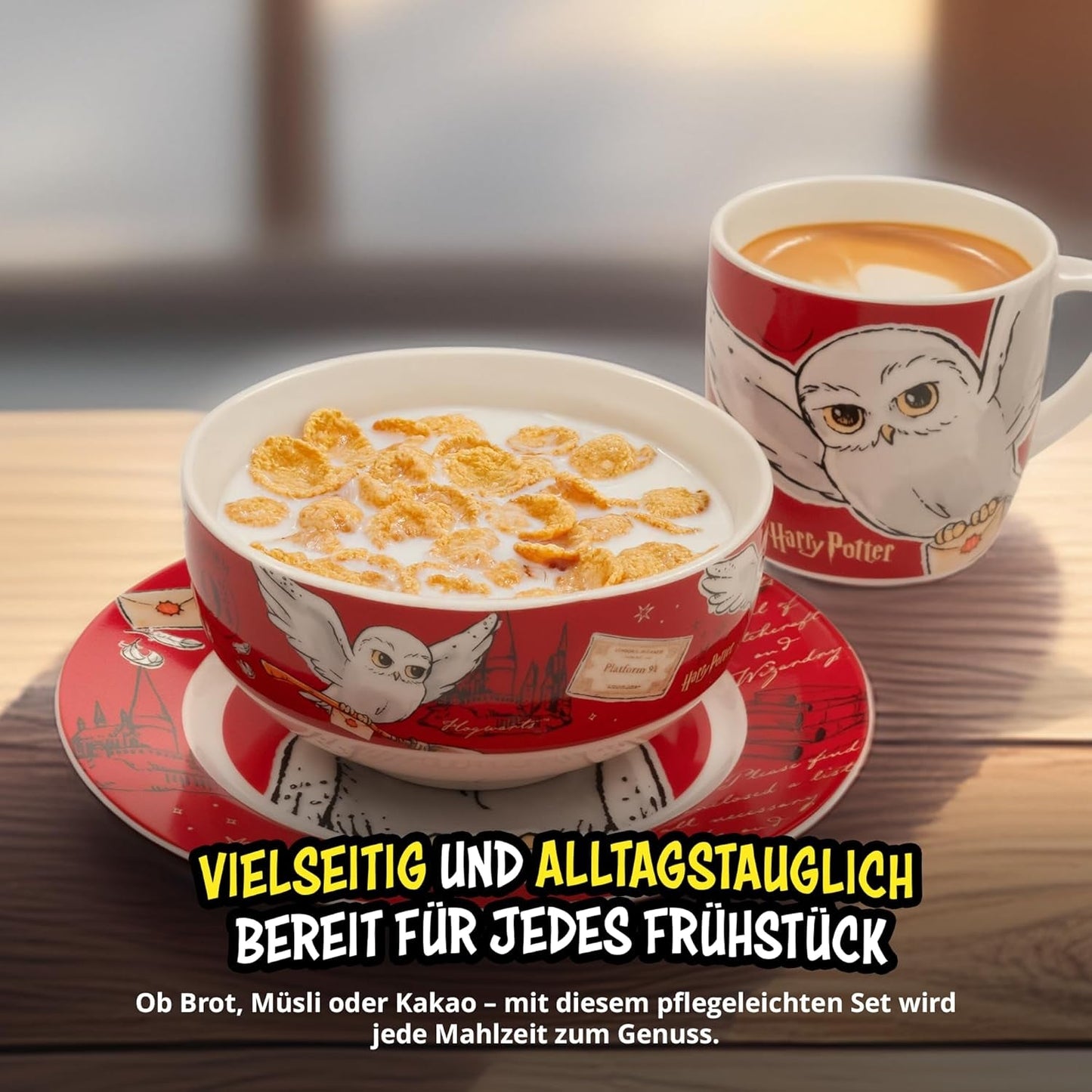 Harry Potter 3dílná sada nádobí, červená, porcelánová snídaňová sada s talířem Ø 19 cm, hrnkem 220 ml a miskou 330 ml, sada nádobí