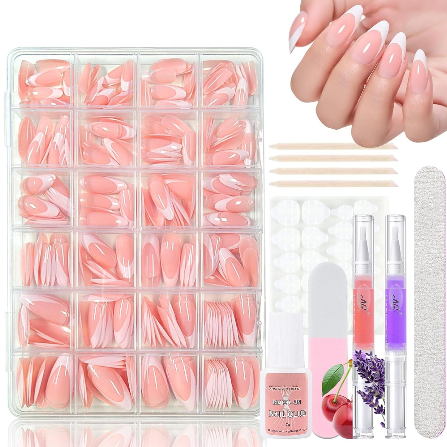 360ks Gradient Ballerina False Nails Set, růžová bílá Gradient nalepovací umělé nehty s 2ks tužky na nehty, střední umělé nehty Ombre pro ženy DIY