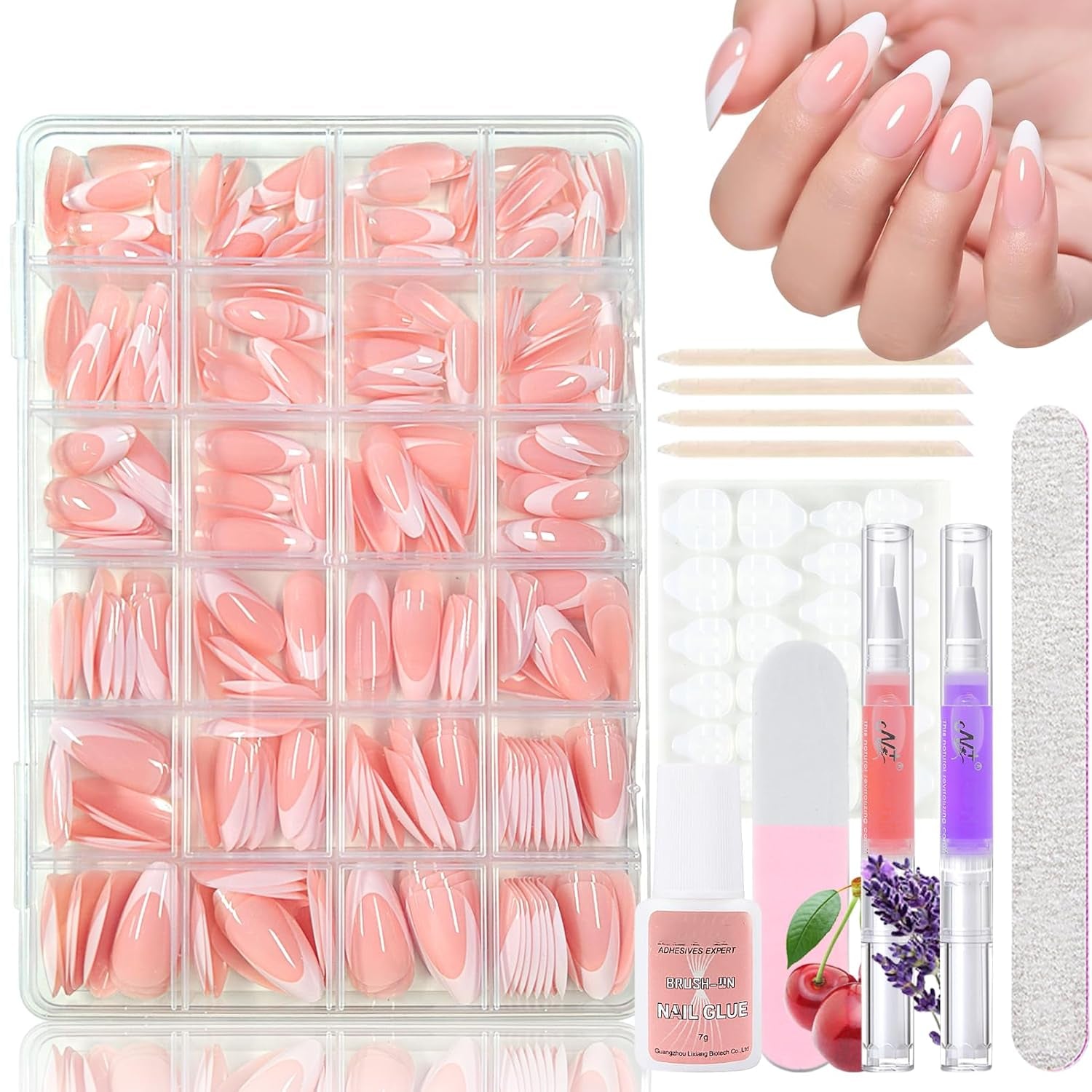 360ks Gradient Ballerina False Nails Set, růžová bílá Gradient nalepovací umělé nehty s 2ks tužky na nehty, střední umělé nehty Ombre pro ženy DIY