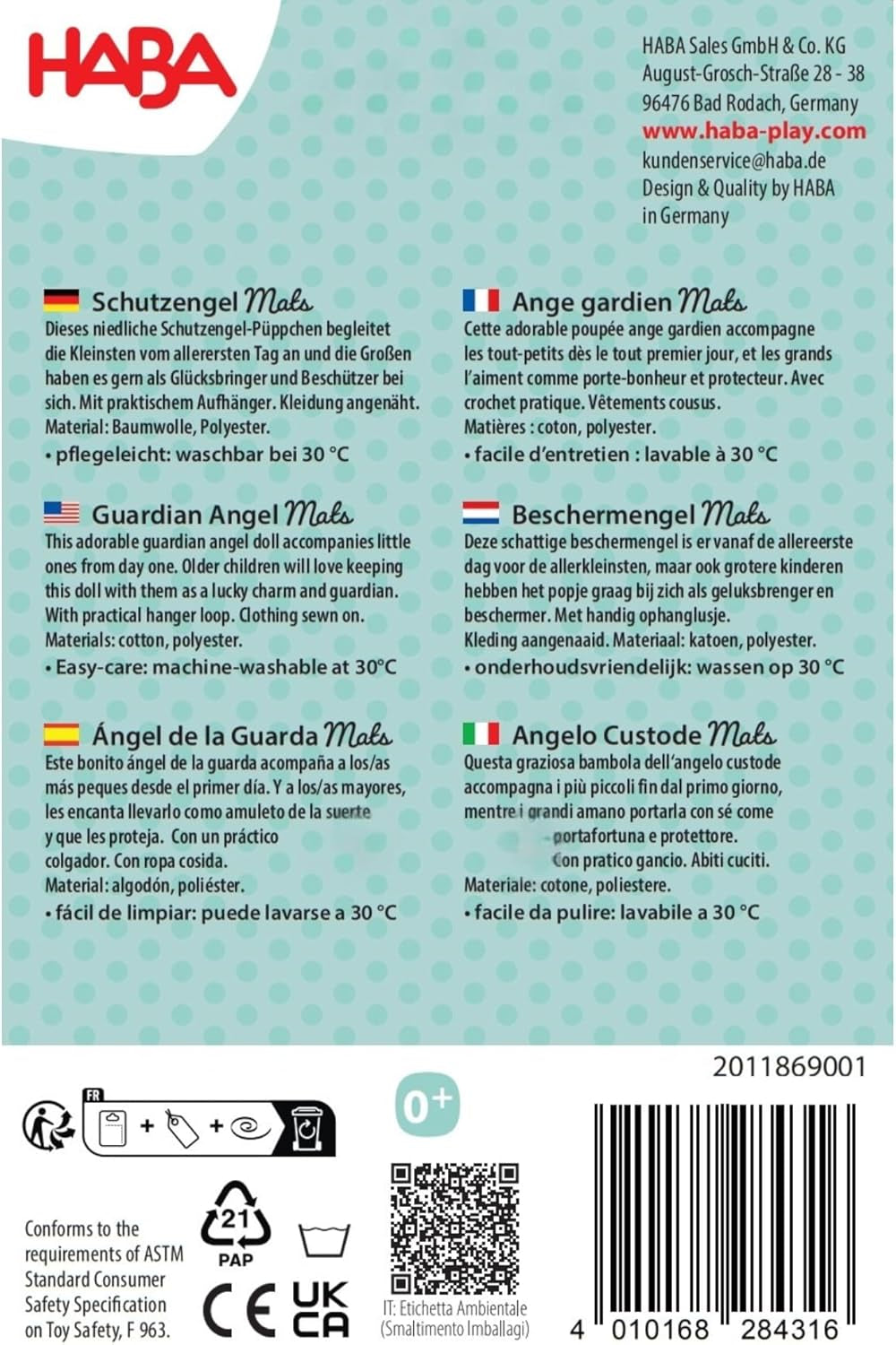 Podložky HABA Guardian Angel - Roztomilá textilní panenka (15 cm), ideální dárek na uvítanou pro miminka a batolata - Lze prát na 30 °C - 2011869001