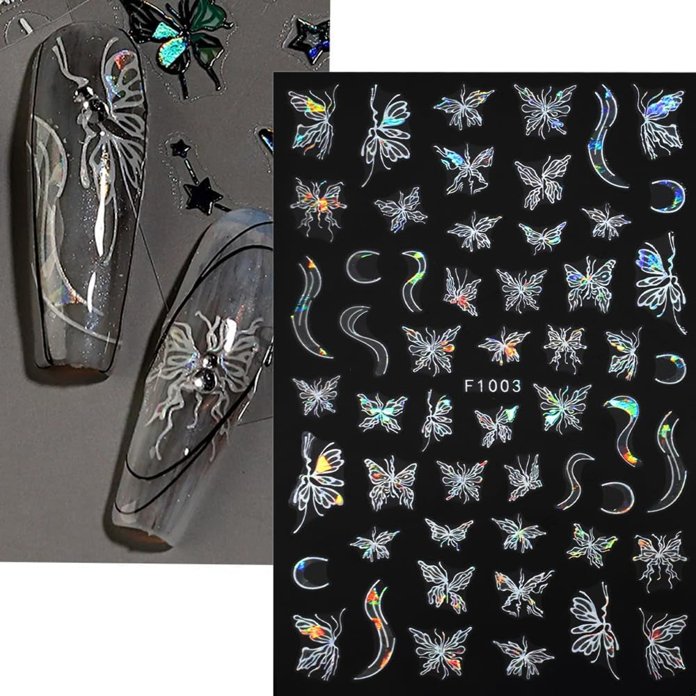 4 Blätter Holographisch Laser Weiß Schmetterling Nálepka na nehty,Y2K Aurora Schmetterlinge Stern Nálepka na nehty 3D Flamme Herz Nageldesign Nálepka na nehty Selbstklebend Nagel Nálepka Nagel Zubehör Nail Art