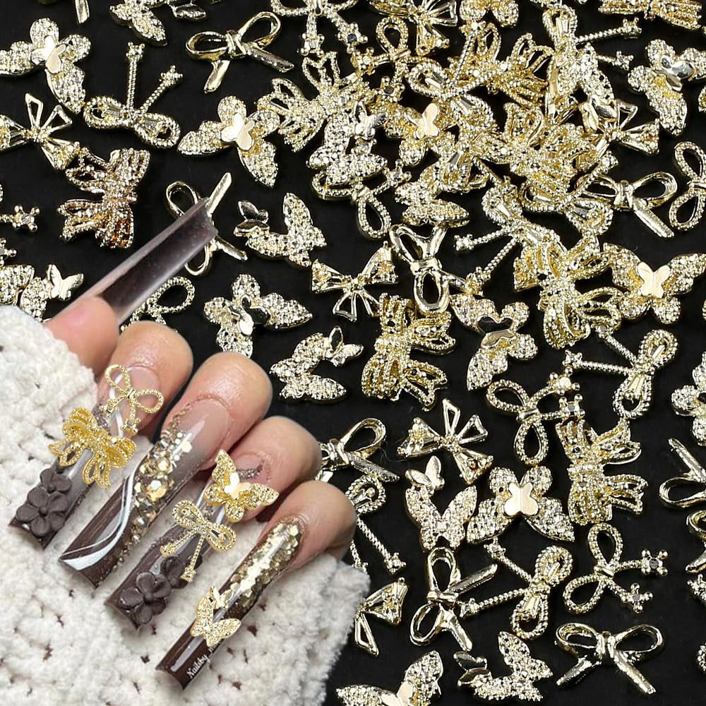 50Stück 3D zlatá mašle na nehty Butterfly Nail Art Charms Legierung Bogen Nagel Charms Nägel Zubehör Schleife Nagelschmuck Metall Schleifen Schmetterling Nageldesign Nagelanhänger Nailart Strasssteine
