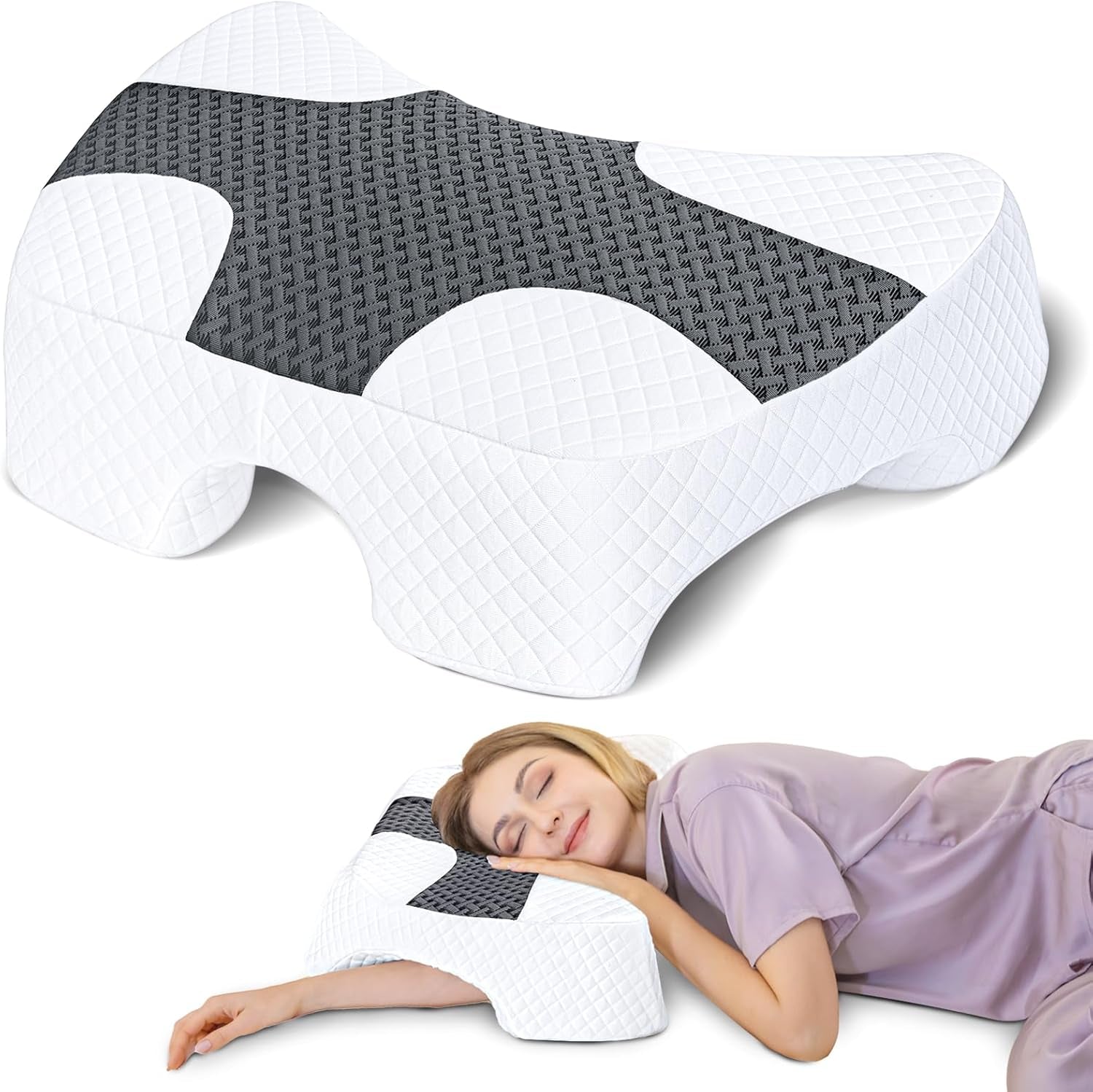 SAHEYER boční polštář na spaní s paží, ergonomický ortopedický polštář, pěnový polštář na krk a ramena, polštář na krk s víceúhlovými rameny pro mnoho poloh spánku (bílé) Ortopedické polštáře na krk Naty Shop šedá