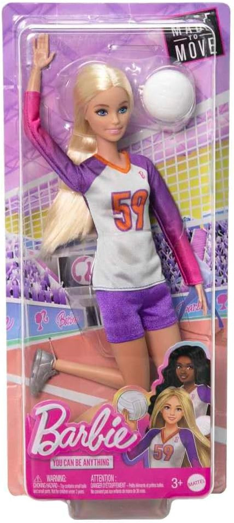 Barbie Made to Move - Volejbalová panenka s tričkem a míčem - 22 kloubů pro realistické hraní, včetně volejbalového a sportovního oblečení, HKT72 Naty Shop Dolls