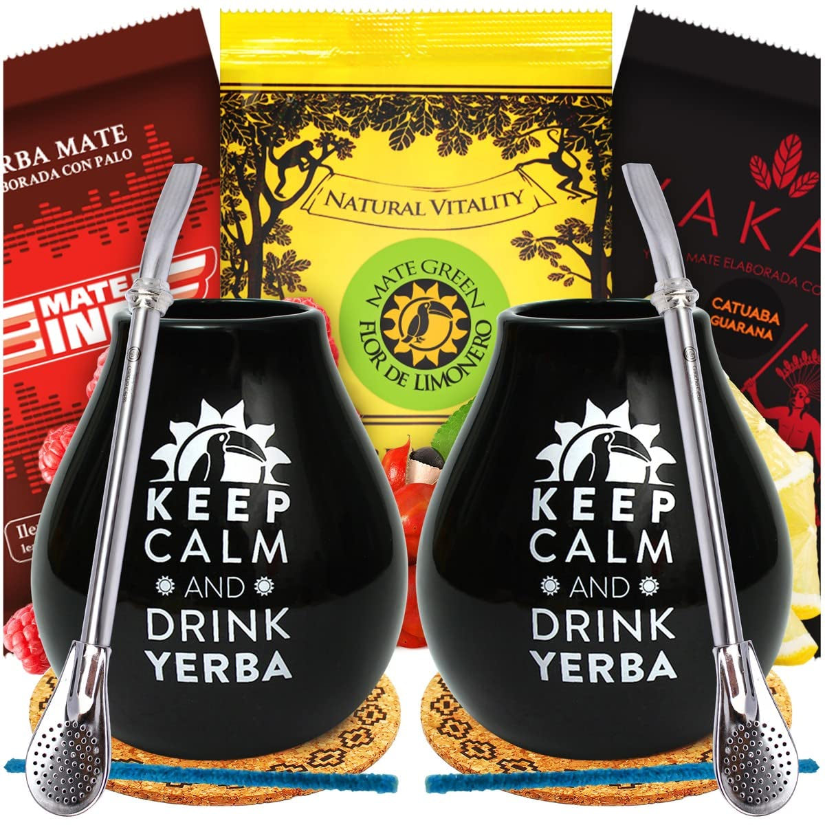 Yerba Mate čajová sada pro dva 150G | Čaj maté s guaranou a ovocem | Sypaný čaj Yerba Mate | Keramický kalíšek černý matný 350 ml | Ocelové brčko Bombilla Liza 19 cm