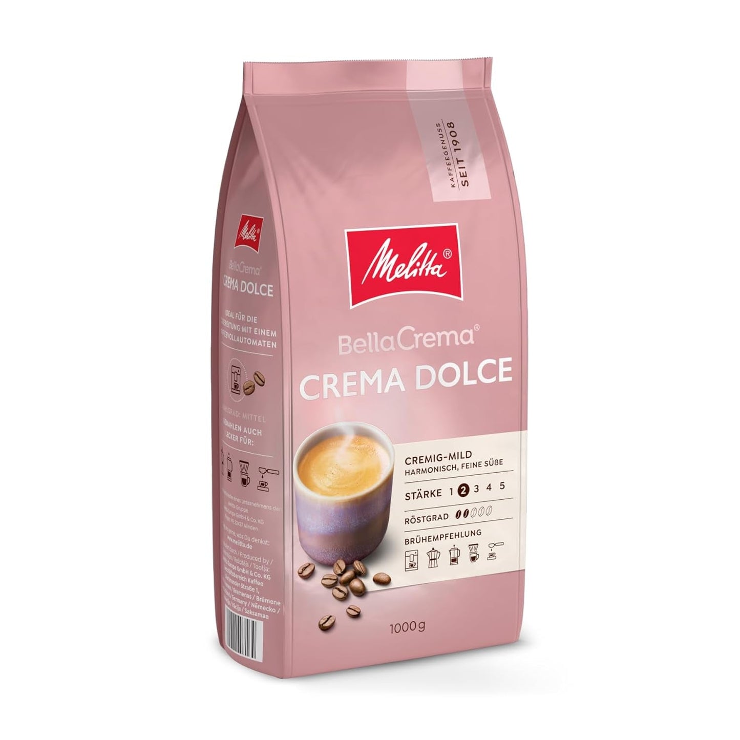 Melitta BellaCrema Crema Dolce zrnková káva 1 kg, nemletá, zrnková káva pro plně automatické kávovary, lehce pražená, pražená v Německu, intenzita 2