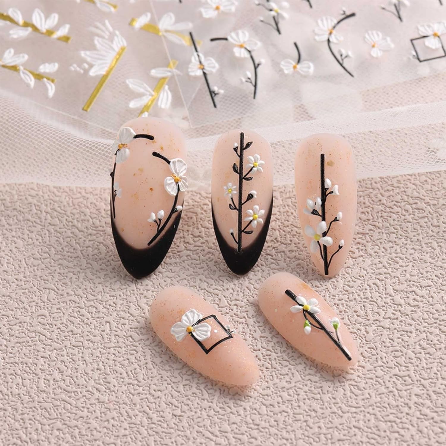 JMEOWIO 3D Nálepka na nehty Frühling Blume Nálepka na nehty Selbstklebend Nagelaufkleber 5D Stereoskopisch Buntes Letní Blumen Dekorace Nageldesign Zubehör 4 Blatt