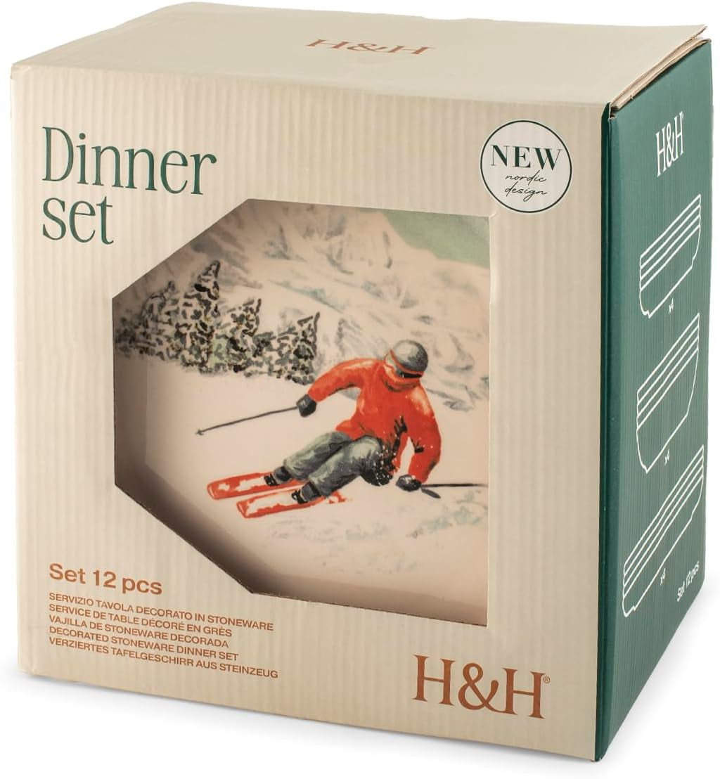 Winter Escape 12dílná sada vánočního nádobí z kameniny – design Nordic Winter Skier – Vhodné do myčky a mikrovlnné trouby