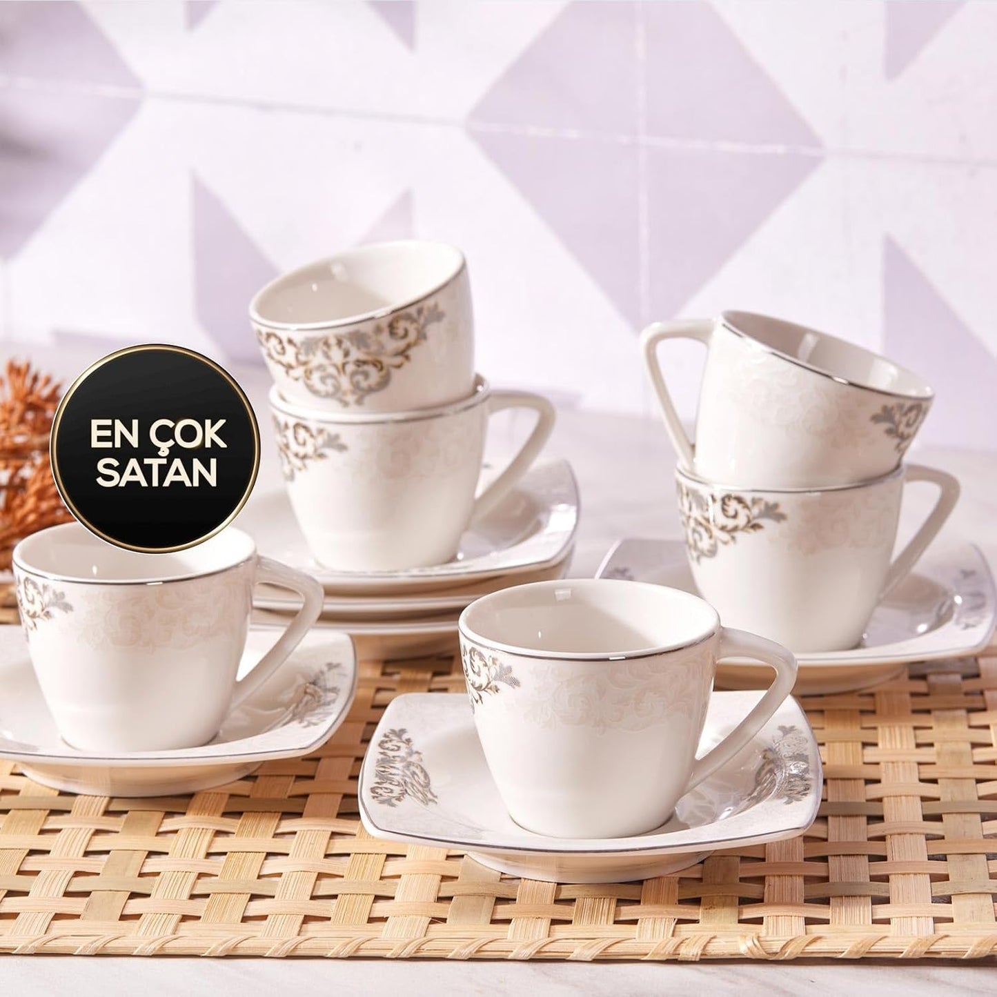 Sada porcelánových šálků na espresso KARACA Nazende - 80 ml turecké šálky na kávu s podšálky, 12dílný moderní kávový servis se 6 šálky a 6 podšálky, mocha šálky - bílá