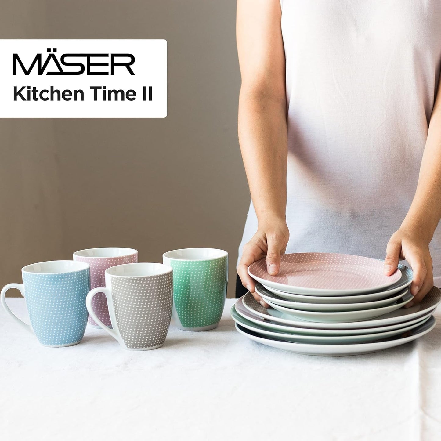 MÄSER Kitchen Time II, Sada nádobí pro 4, Kombinovaná služba se 16 kusy v pastelových barvách s jemným vzorem, Porcelán, Růžová