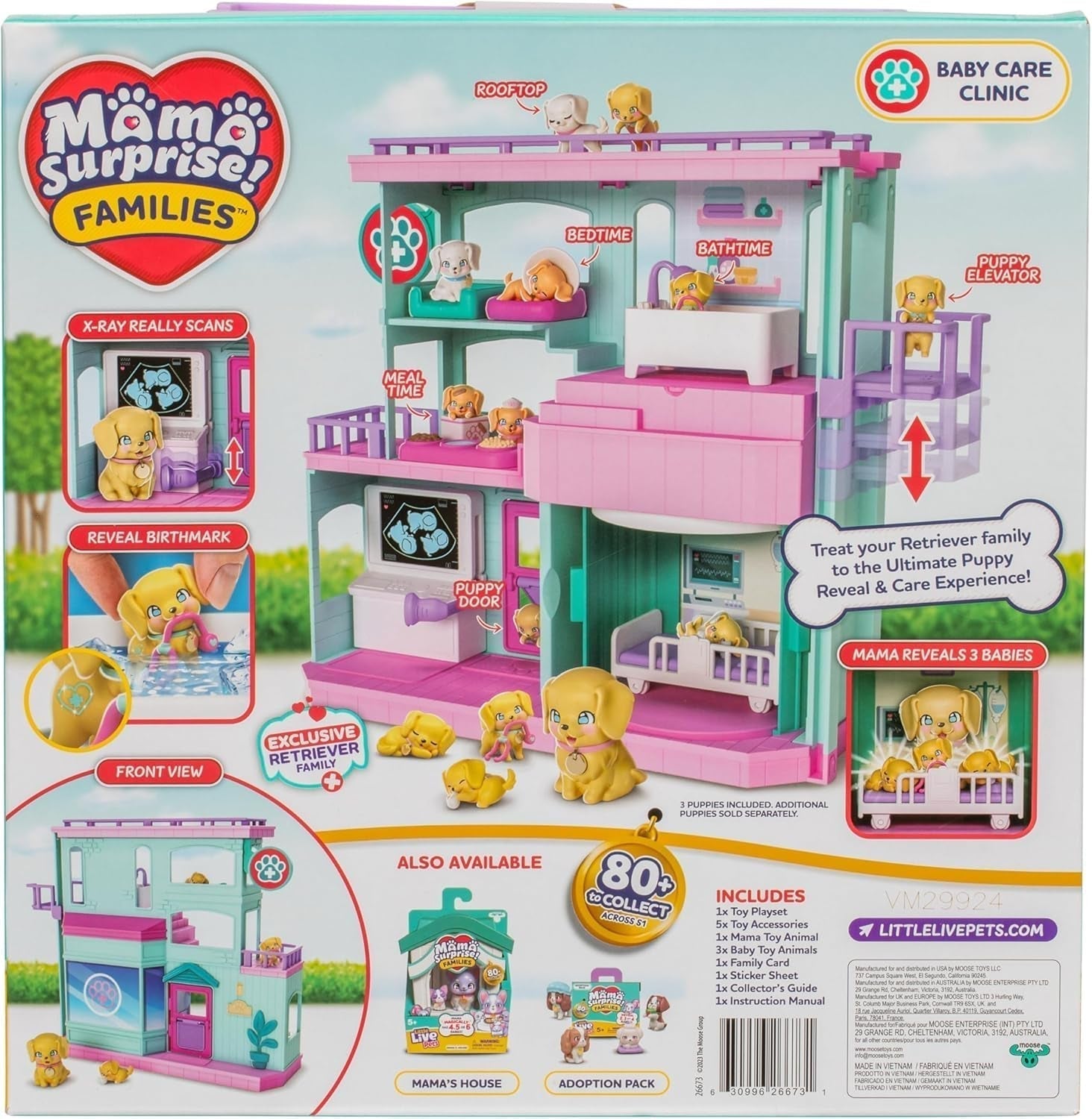 Hrací sada Little Live Pets Mama Surprise Families Baby Clinic, včetně 3 štěňat retrívrů, Magic, oboustranná herní sada (27,8 cm W, 23,8 cm V). Krmení, koupání a hraní, dárek pro děti Akční figurky Naty Shop