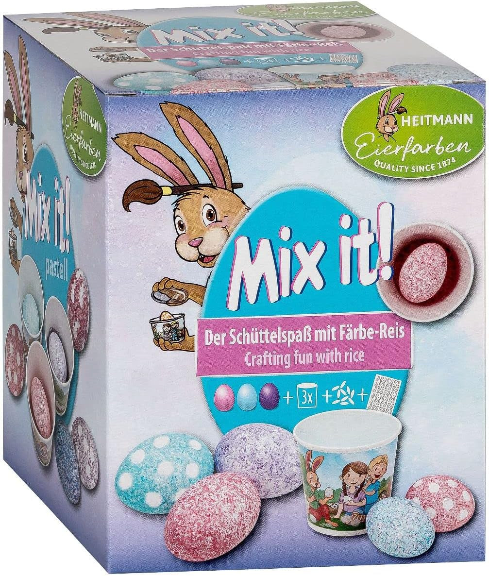 Heitmann Egg Dyes - Mix It Pastel - 3 tekutá vaječná barviva v růžové, tyrkysové a fialové, pohár, rýže, šablony a rukavice - snadné barvení vajíček