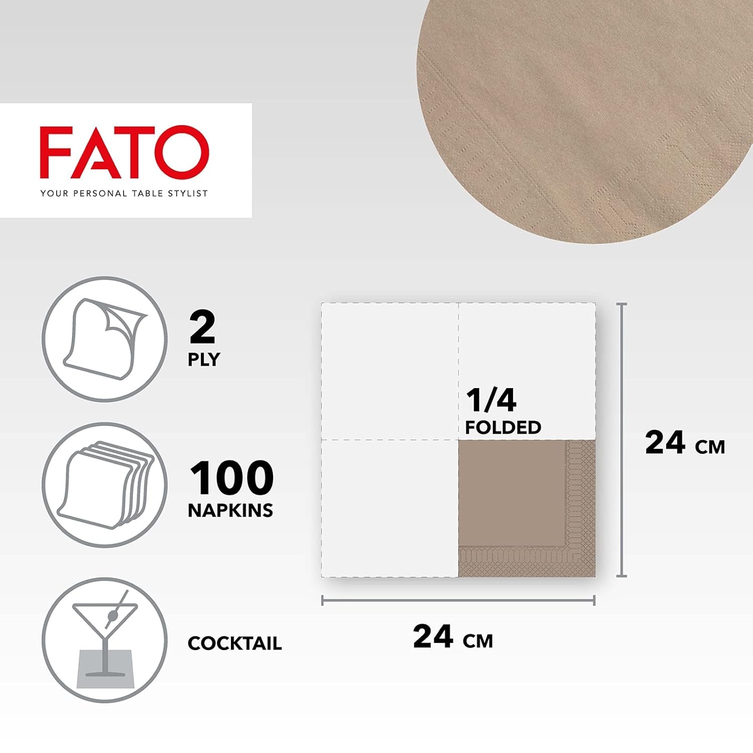 , Jednorázové papírové ubrousky, Ideální pro předkrmy a koktejly, Balení 100 ubrousků, Velikost 24X24 složené na 4, 2 vrstvy, Barva Turtledove, 100% čistá celulóza, certifikace Fsc