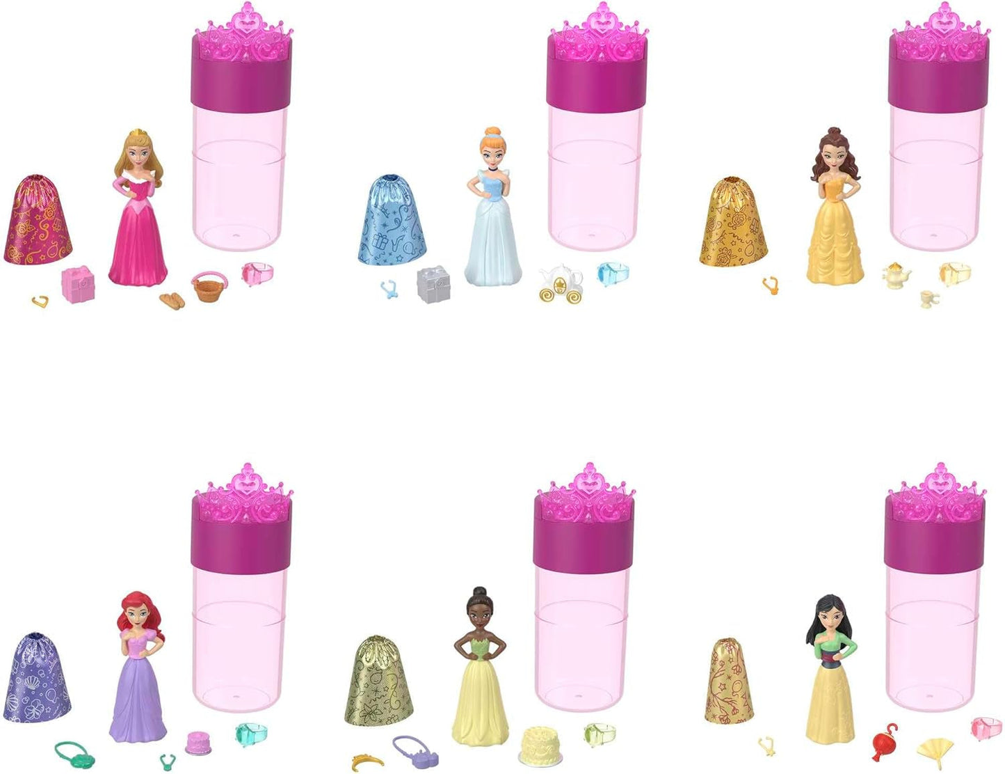 Disney Princess Color Reveal – 6 panenek s překvapením aktivovaných vodou, doplňky, pro děti od 3 let, Ariel, Tiana, Mulan, Popelka, Belle, Aurora, HPX39