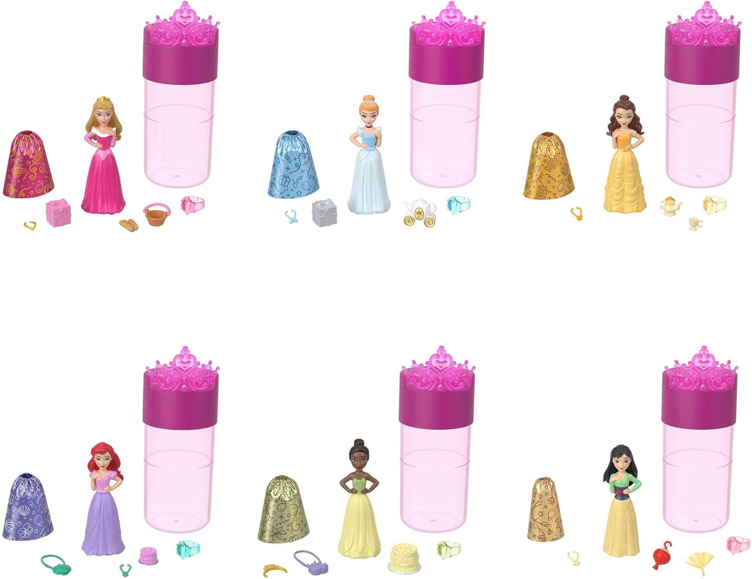 Disney Princess Color Reveal – 6 panenek s překvapením aktivovaných vodou, doplňky, pro děti od 3 let, Ariel, Tiana, Mulan, Popelka, Belle, Aurora, HPX39