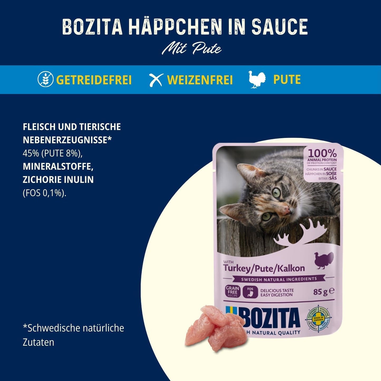 Bozita kapsička Mokré krmivo s kousky v omáčce a krůtí – 12 porcovaných kapsiček x 85 g Krmivo pro kočky bez obilovin a pšenice – Mokré krmivo pro dospělé kočky s 8,5 % bílkovin a 4,5 % tuku