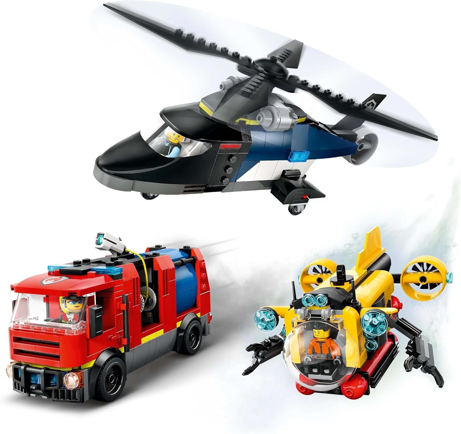 Kombinovaná sada LEGO City s helikoptérou, lvím autem a ponorkou a 3 minifigurkami - sestavitelná autíčka pro chlapce a dívky od 7 let - dárek k narozeninám a svátku 60462 Stavebnice Besuche den LEGO-Store