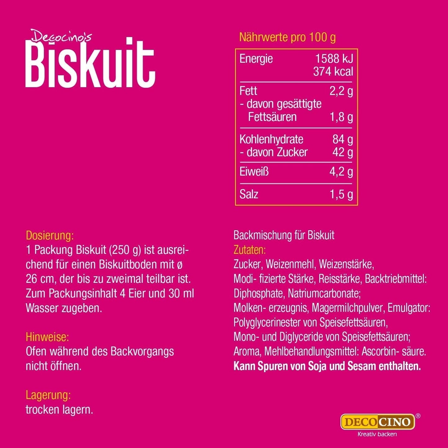 DECOCINO Biscuit Backmischung (250 G) – Einfache Zubereitung – Gelingsicher – Zum Backen Von Luftigen Biskuitböden, Creme-Torten, Biskuitrollen Uvm. Obchod Naty