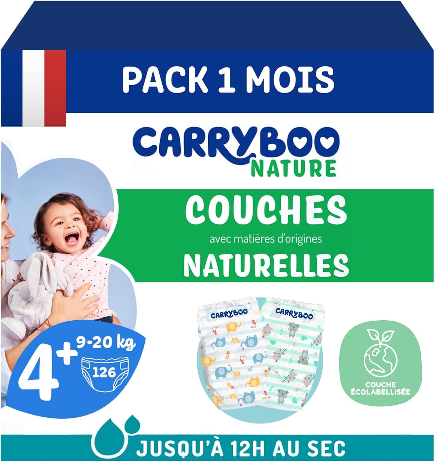 - Velikost plenky 4+ 9-20 kg – Ökologische Babywaidern – natürliche Babypflege, hypoalergen, ohne Parfüm und auslaufsicher – hermestellung in Frankreich – 126 jednorázových plen – 1 měsíc