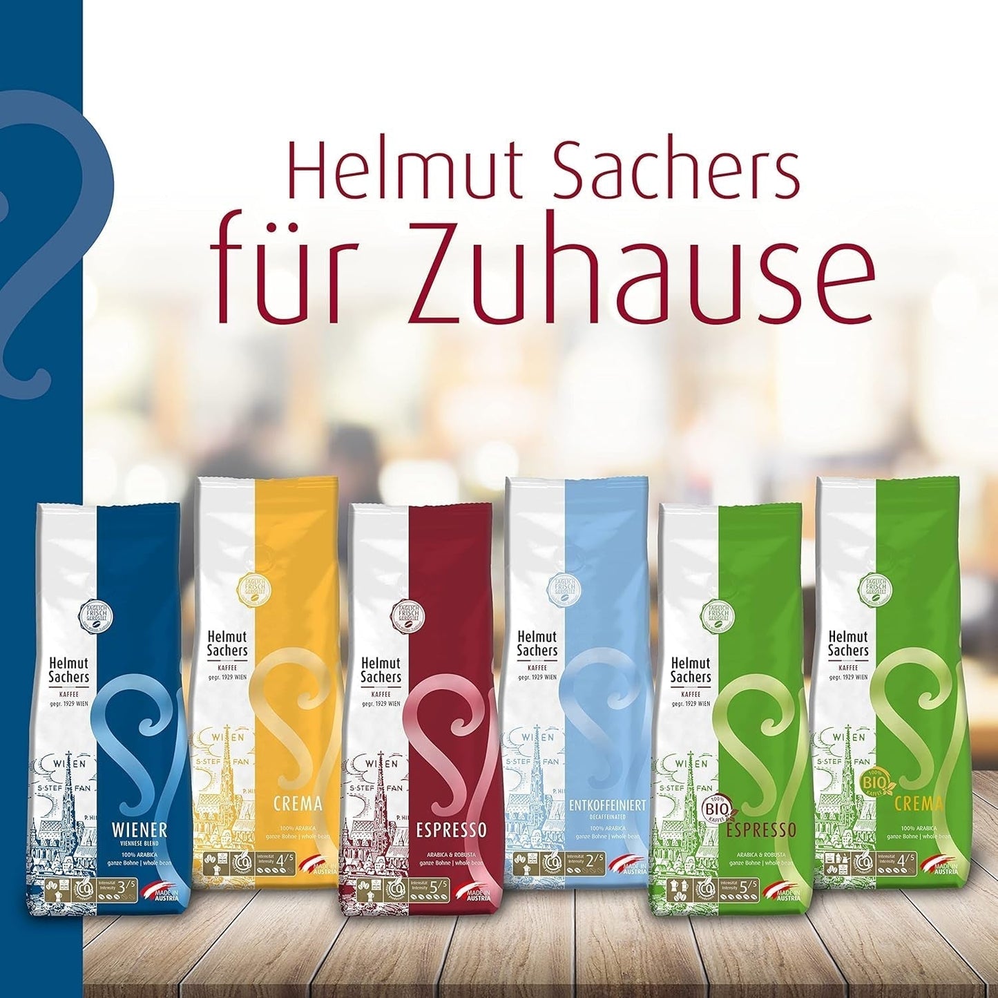 Helmut Sachers Kaffee – vídeňská směs, síla 3/5, 100% Arabica, celá kávová zrna, 6 x 500 g Naty Shop