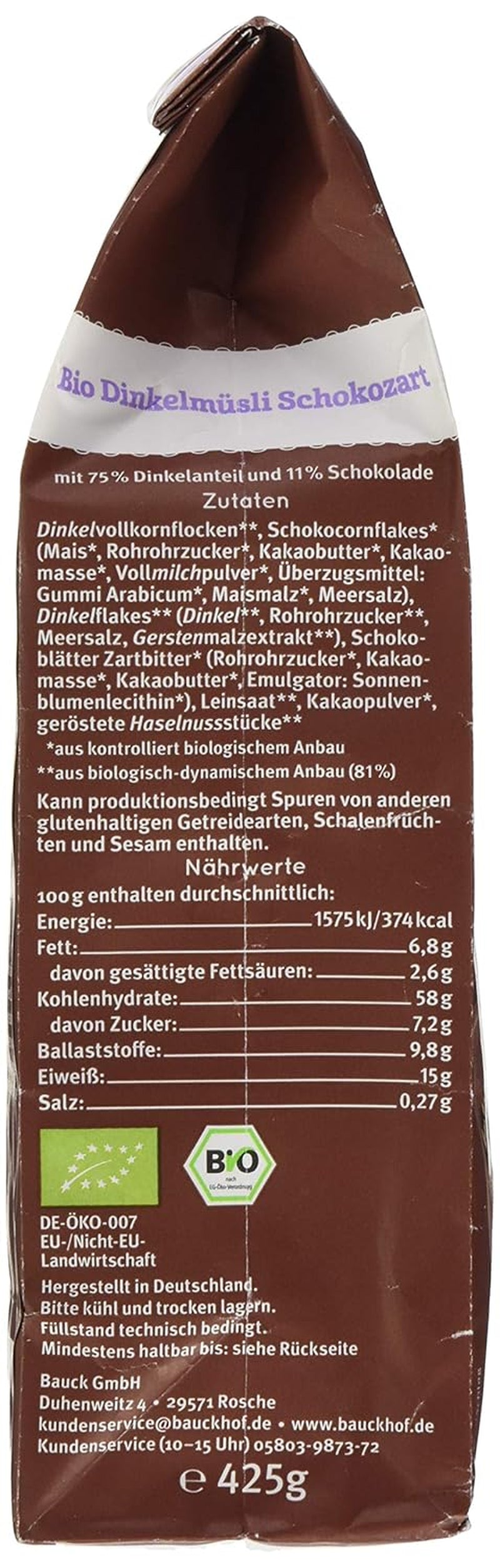 Bauck HOF Dinkelmüsli Schokozart, 425G (1Er Pack) Cereálie Naty Shop
