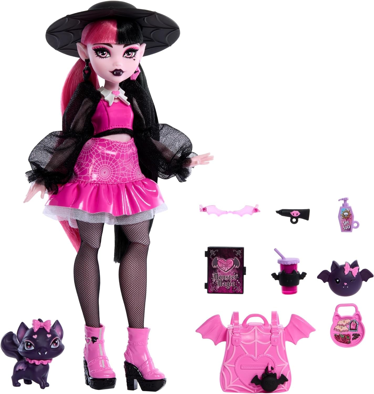 Panenka Monster High Draculaura se svým mazlíčkem Count Fabulous netopýří kočka a doplňky, jako je batoh, kniha kouzel, bento box a další, HRP64 Naty Shop Dolls