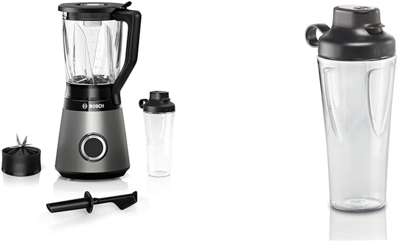 Bosch Standmixer Vitapower Serie 4 MMB6174SN, Verbesserte Version, Hochwertige Edelstahl-Klingen, 1,5L Glasbehälter, 0,6L To-Go-Flasche, Spülmaschinenfeste Teile, 30 000 U/Min, 1200 W, L Bundle Shocatarie 0, 6 Silber Shocatarie 2-v-1, Neu Mit 10 Jahre Motorgarantie