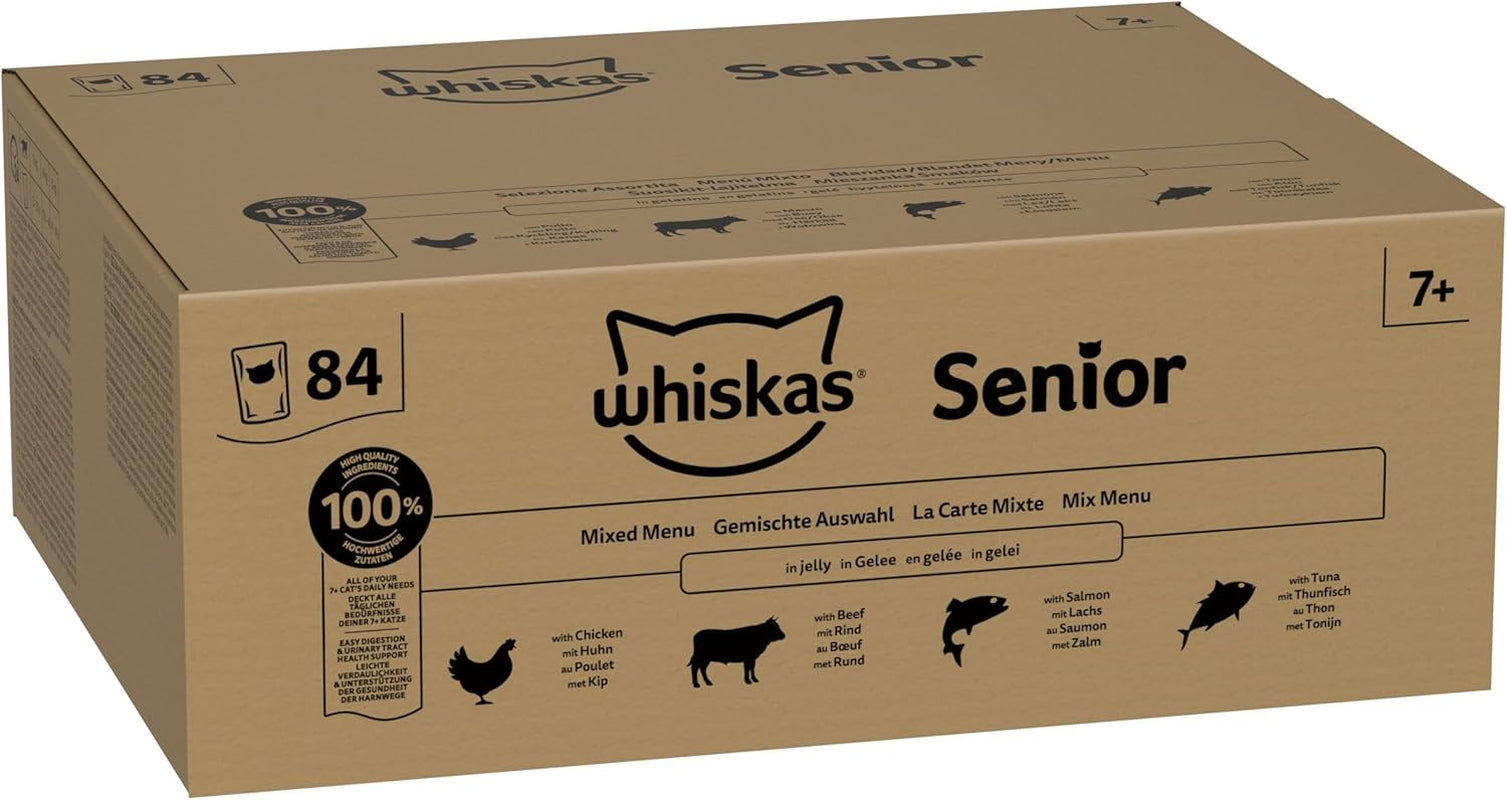Whiskas Senior 7+ mokré krmivo Mixed Selection in Jelly, 84 sáčků, 84x85g (1 velké balení) - Vysoce kvalitní mokré krmivo pro kočky od 7 let