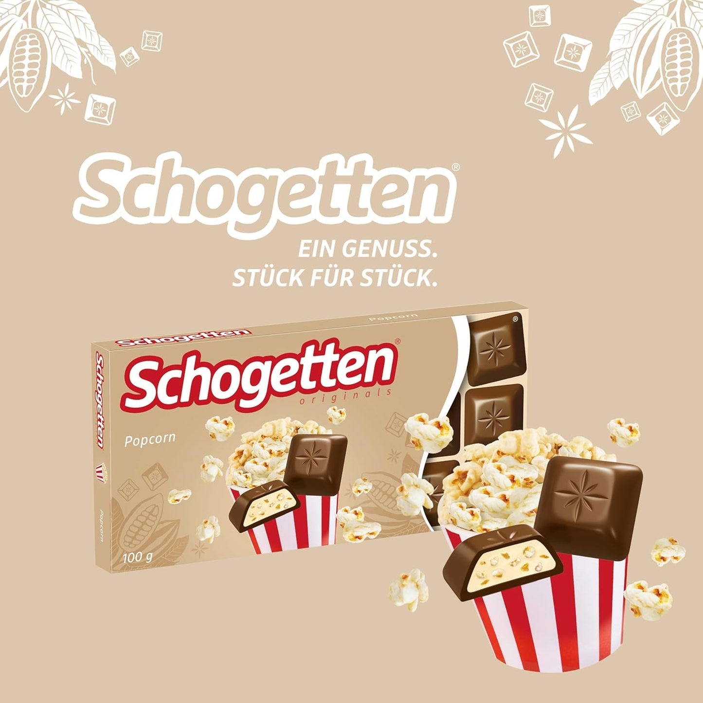 Schogetten popcorn 1 čokoláda x 100g, mléčná čokoláda s popcornem a kousky kukuřice, praktické jednotlivé kousky. Delikatesa. Kousek po kousku.