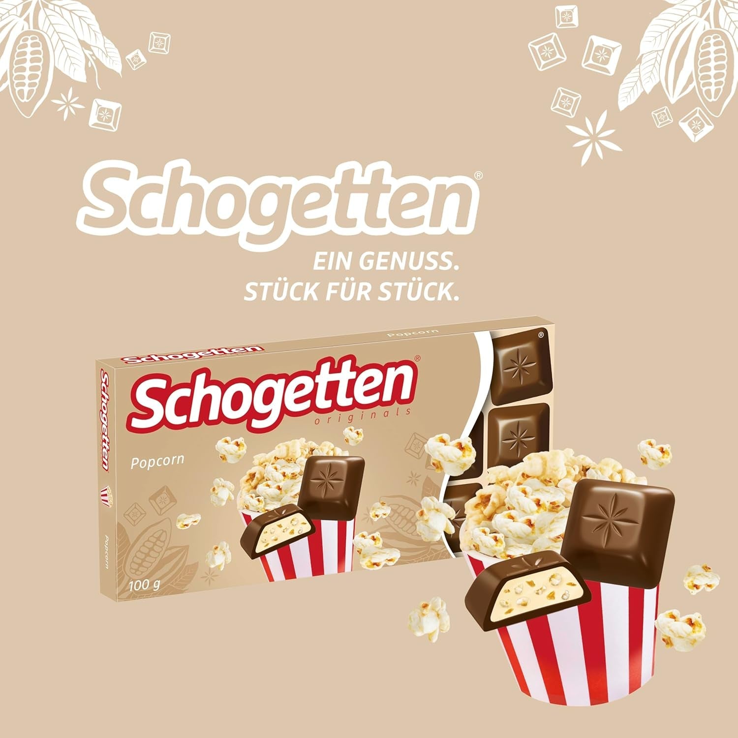 Schogetten popcorn 1 čokoláda x 100g, mléčná čokoláda s popcornem a kousky kukuřice, praktické jednotlivé kousky. Delikatesa. Kousek po kousku.