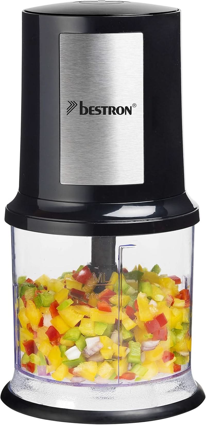 Bestron Elektrischer Multi-Zerkleinerer, Universalzerkleinerer Mit Zwei Schneidemessern & 500 ml Kapazität, Große Pulstaste, 400 Watt, Barva: Kupfer Kitchen Naty Shop Schwarz/Silber