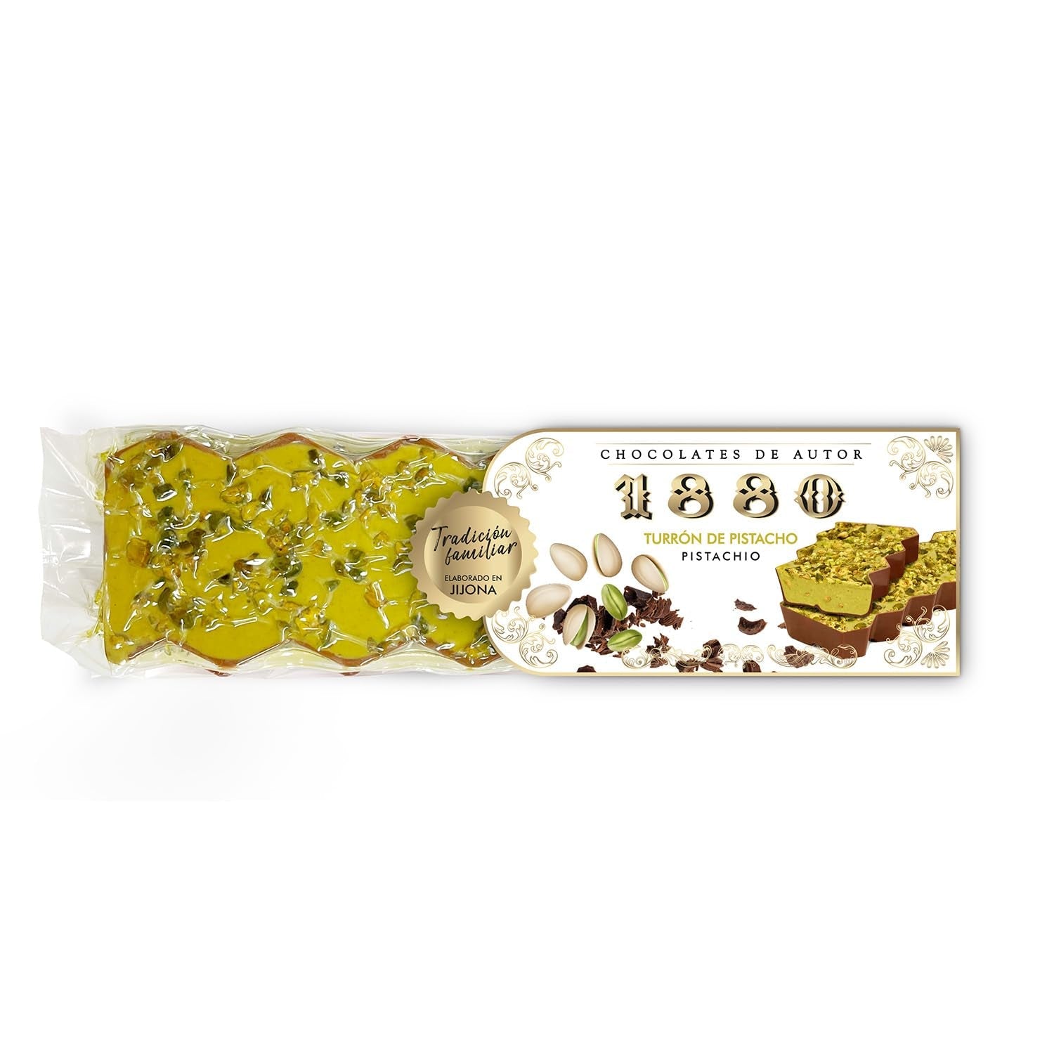 Řemeslné čokoládové pistáciové turrón, 200 g, krémová textura, špičková kvalita, jemné ingredience, autentická chuť, nejdražší turrón na světě
