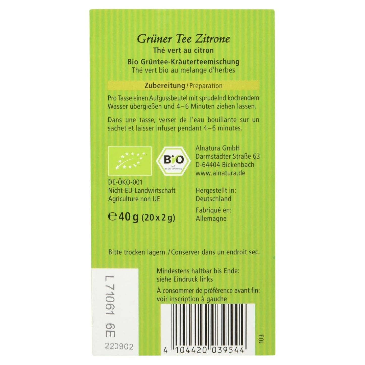Bio zelený čaj s citronem, 20 sáčků, 40 g