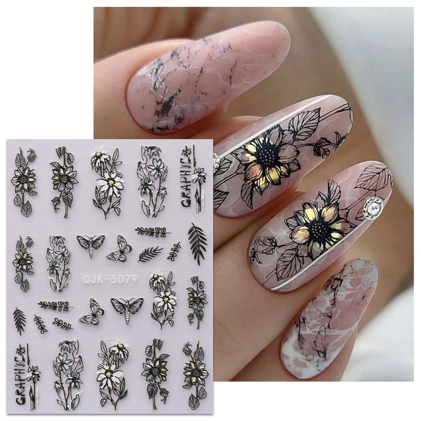 JMEOWIO 6 Blatt 3D Nagelsticker Frühlings Blume Nail Art Sticker Selbtklebend Nagelaufkleber 5D Stereoskopisch Bunte Summer Blumen Dekoration Nageldesign Zubehör