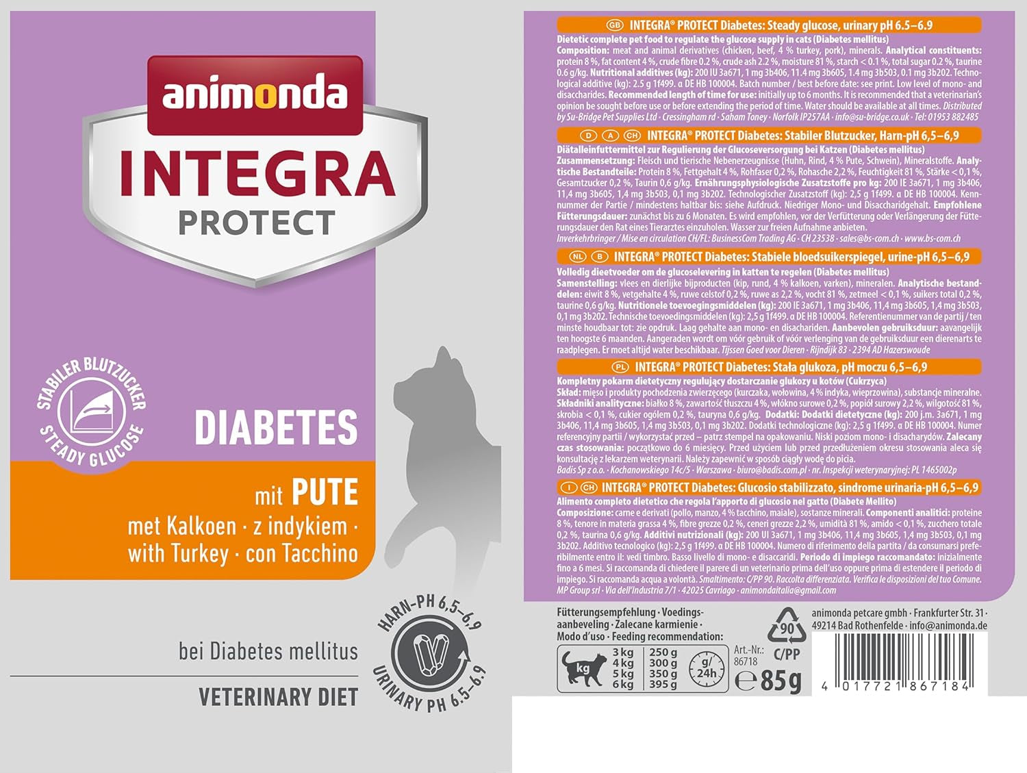 Animonda INTEGRA PROTECT vlhké krmivo pro diabetické kočky s krůtím masem (24 x 85 g), doporučené veterináři pro diabetes, kompletní dietní krmivo pro dospělé kočky vyvinuté ve spolupráci s veterináři.