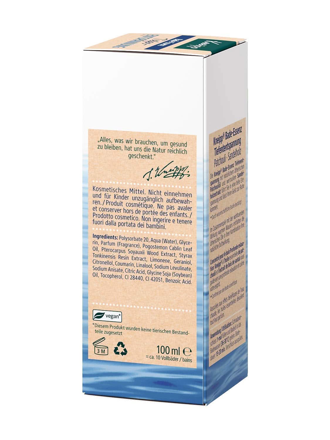 Kneipp, koupelový olej s přírodním esenciálním olejem pačuli a extraktem ze santalového dřeva pro hlubokou relaxaci a zklidnění, 100 ml Naty Shop