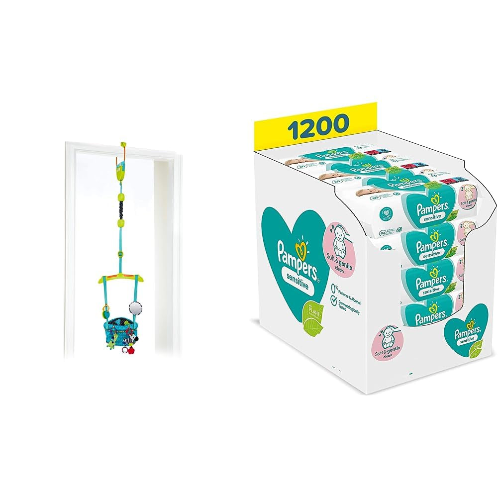 Sada luxusních dveřních západek Bright Starts s bezpečnou a stabilní sponou na rám dveří a dětskými ubrousky Pampers Sensitive, 1200 ubrousků (15 x 80)