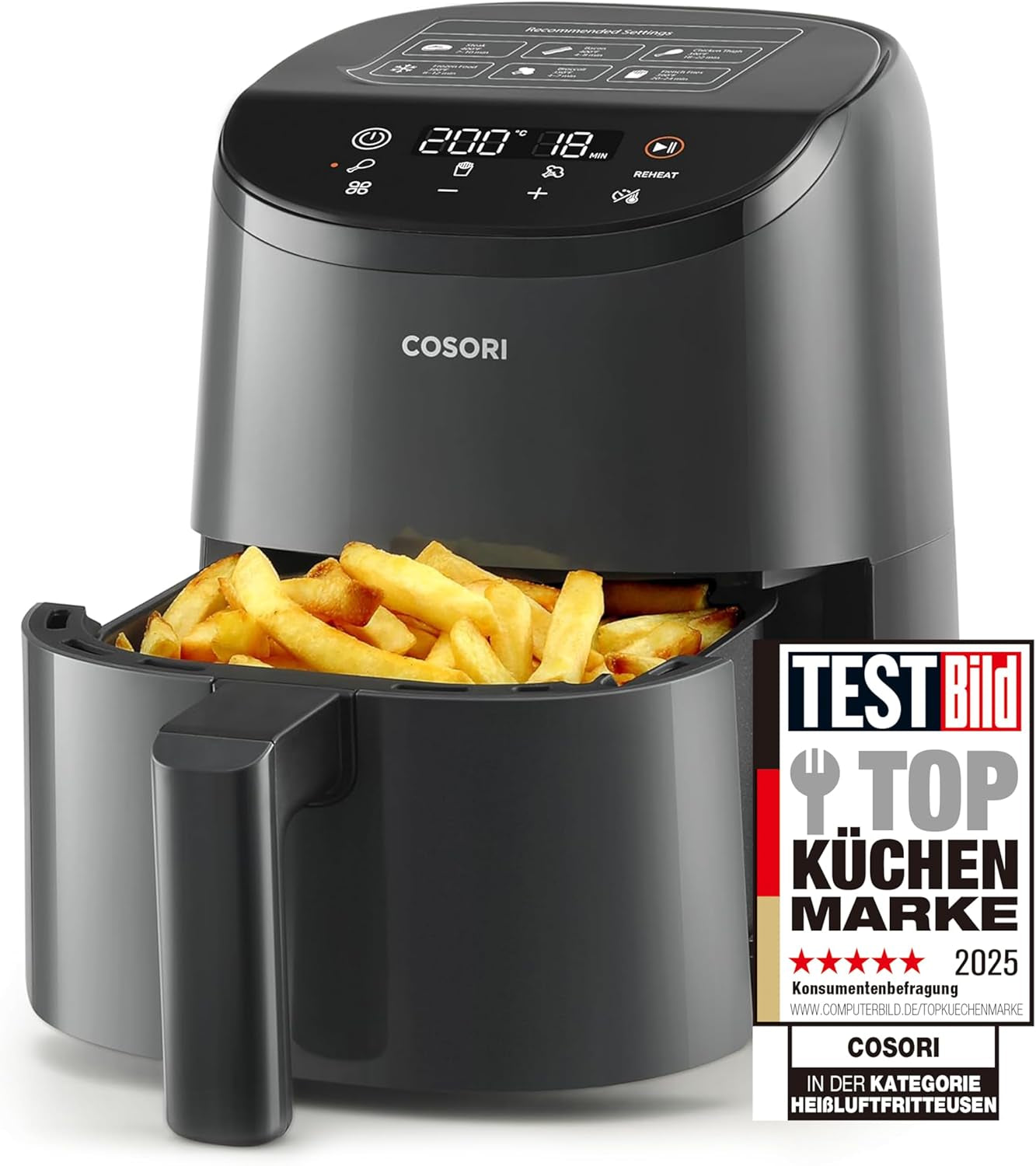 Horkovzdušná fritéza COSORI, vzduchová fritéza 12 v 1 XXL 6,2 l, horkovzdušná fritéza s okénkem a připomínkou míchání, 80 receptů Domácí spotřebiče Naty Shop Light Black 2L Mini