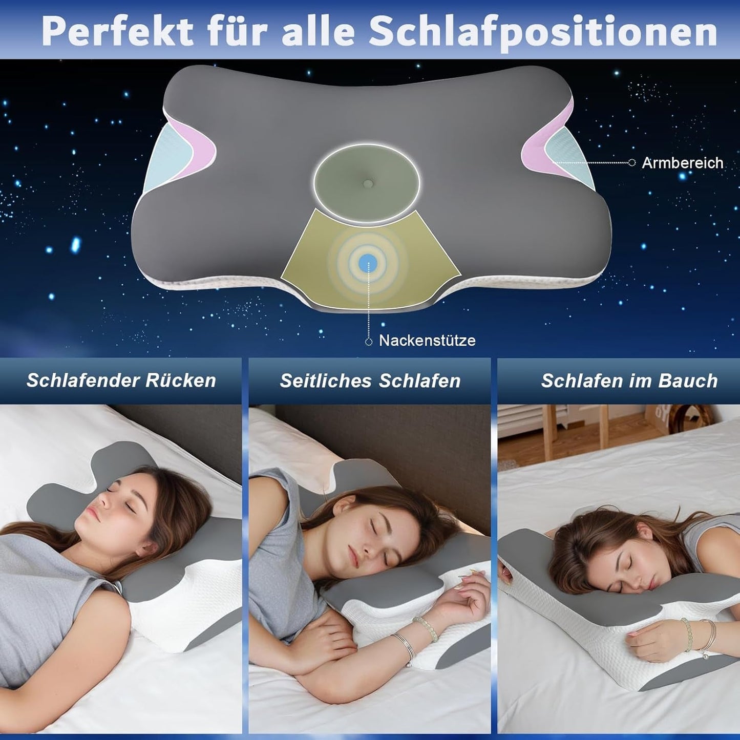 Polštář z paměťové pěny Polštář na krk Ortopedický polštář - Ergonomický design Dutý tvar pro postranní, zádové a žaludeční spáče Šedé krční ortopedické polštáře Naty Shop