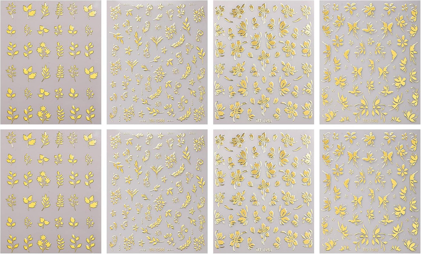 JMEOWIO Nálepka na nehty Goldene Blumen 8 Blatt Nálepka na nehty Selbtklebend Nagelaufkleber Dekoration Nageldesign Zubehör