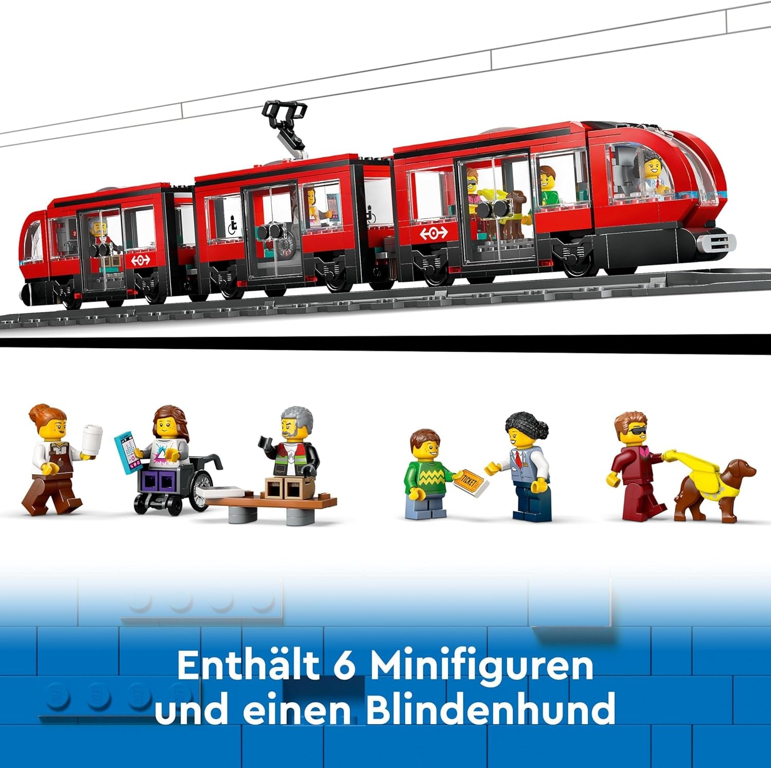 LEGO City tramvaj se stanicí, nápad na dárek pro fanoušky autíček od 7 let, se 6 minifigurkami a vodicím psem pro hraní rolí, stavebnice 60423 Stavebnice Besuche den LEGO-Store