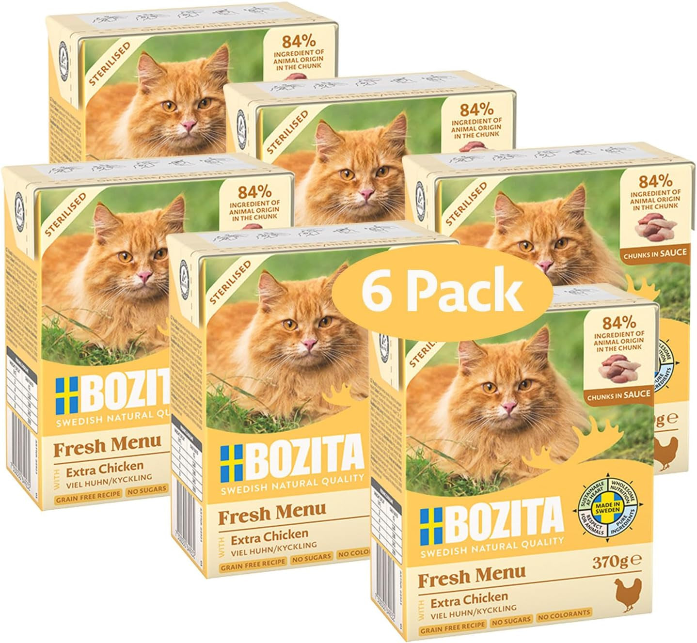 Sterilizované kousky Bozita Tetra v omáčce se spoustou kuřecího masa – 6 x 370 g vlhké krmivo pro kočky bez zrna a cukru – bez GMO, s 8,5 % bílkovin a 4,5 % tuku – vysoce kvalitní a mimořádně chutné