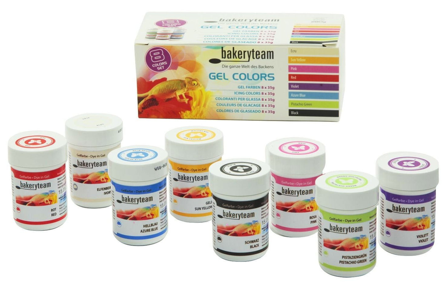 Bakeryteam gelové potravinářské barvy na fondán, marcipán, cupcake, krém, dort, dort, zmrzlinu, sada (8 x 35 g)