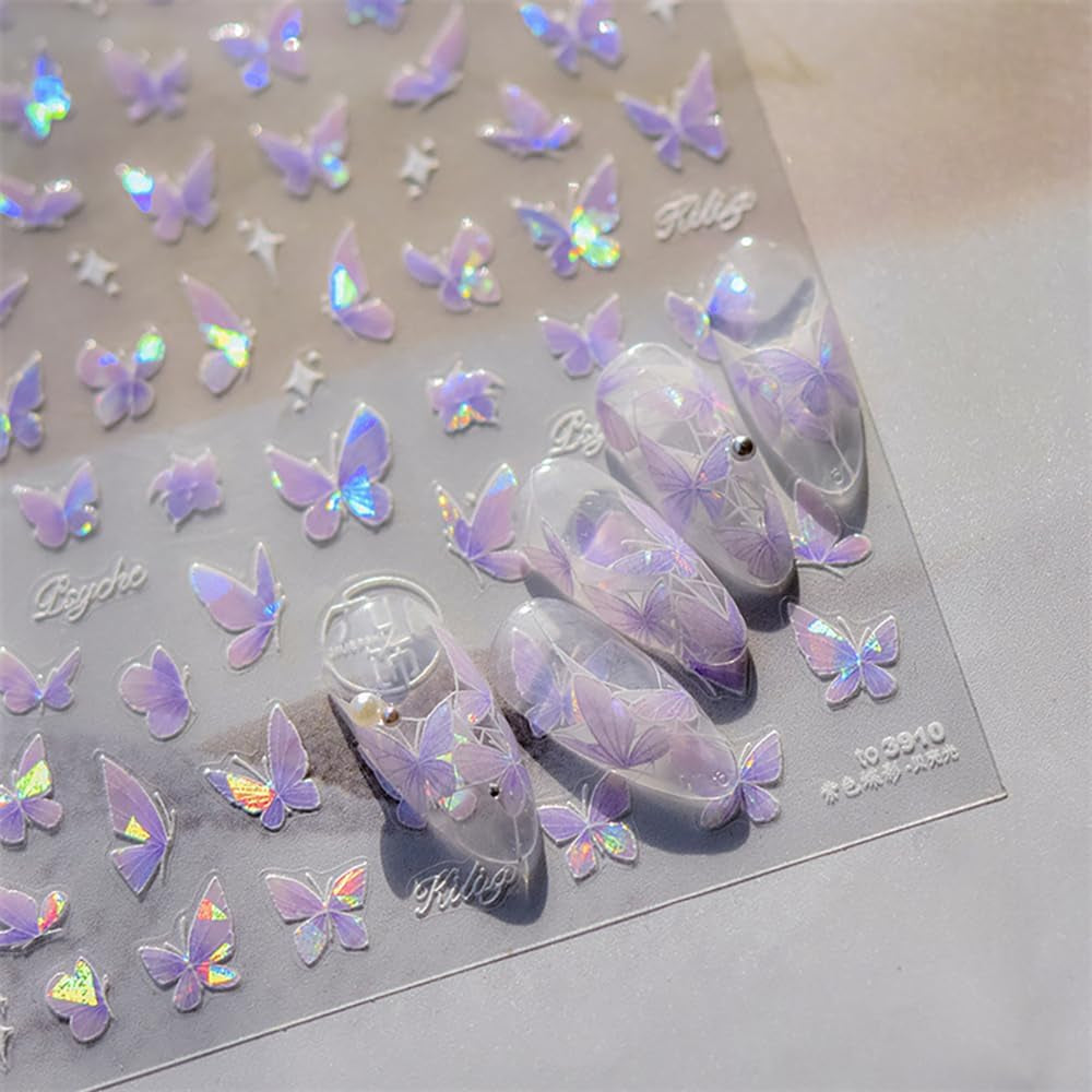 2 Blätter Schmetterling Nálepka na nehty Selbstklebend,Muschel Glitzer Nálepka na nehty Butterfly Lila Grau Schmetterlinge Nagelaufkleber Reliéf Laser Butterflies Nálepka na nehty Nageldesign Zubehör